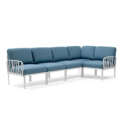 Salon polypropylène et fibre de verre traité anti UV KOMODO Blanc/ Bleu adriatic 5 places 88x294x78-154 cm