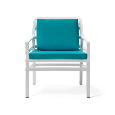 Fauteuil polypropylène et fibre de verre traité anti UV ARIA Blanc avec assise et coussin Bleu Sardinia 84x70x71 cm