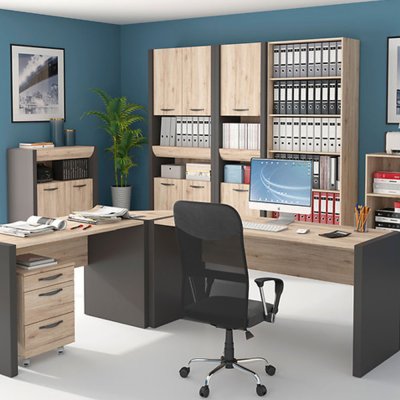 Bibliothèque EXECUTIVE gris tungstène/ chêne san remo clair 2 portes 1 tiroir 220/60 cm