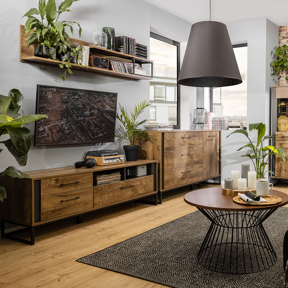 Meuble TV LUTON graphite/ marron chêne ribbeck marron 3 tiroirs