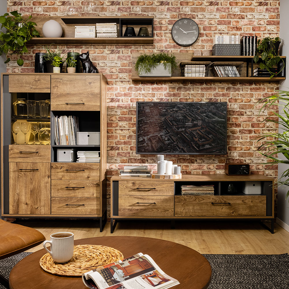 Meuble TV LUTON graphite/ marron chêne ribbeck marron 3 tiroirs