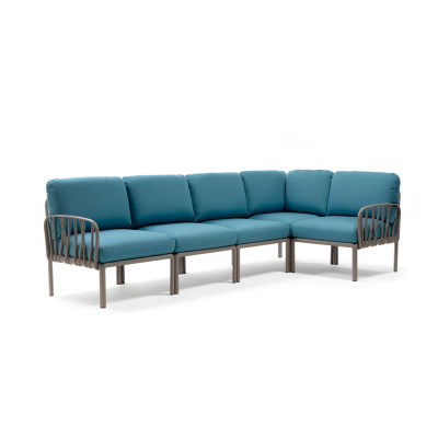 Salon polypropylène et fibre de verre traité anti UV KOMODO Blanc/ Bleu adriatic 5 places 88x294x78-154 cm