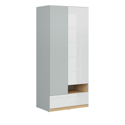 Garde robe NANDU gris clair/ chêne polonais/ blanc brillant 2 portes 1 tiroir 90x200,5x55 cm