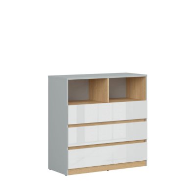 Commode NANDU gris clair/ chêne polonais/ blanc brillant 3 tiroirs 90x91x39 cm