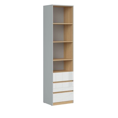 Bibliothèque NANDU gris clair/ chêne polonais/ blanc brillant 3 tiroirs 50x200,5x39 cm