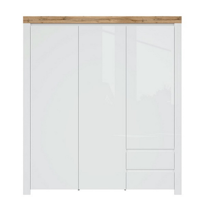 Garde robe HOLTEN blanc/ chêne Wotan/ blanc brillant 3 portes 2 tiroirs 181x204x57 cm