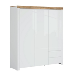 Garde robe HOLTEN blanc/ chêne Wotan/ blanc brillant 3 portes 2 tiroirs 181x204x57 cm
