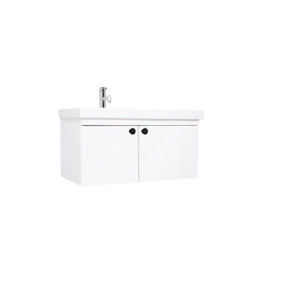 Pack Lavabo VISTA blanc 80x43 cm avec meuble blanc brillant 2 portes et Poignée rond noir