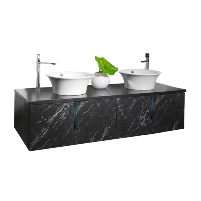 Pack Lavabo blanc double avec meuble marbré noir 4 portes avec poignées 150 cm