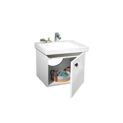 Pack Lavabo VISTA blanc 50x43 cm avec meuble blanc brillant 1 porte et Poignée rond noir
