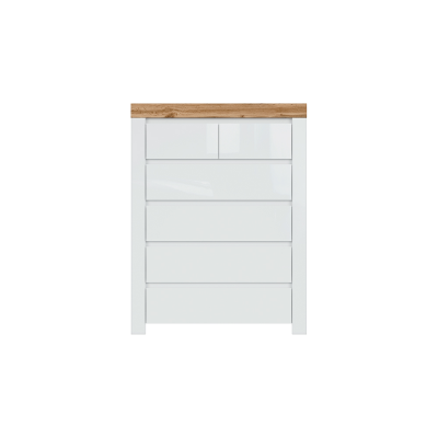Commode HOLTEN blanc/ chêne wotan/ blanc brillant 6 tiroirs 98,5x129,5x42 cm
