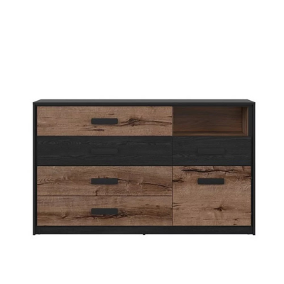 Commode KASSEL chêne monastere/chêne noir 1 porte 5 tiroirs 150x90x41 cm