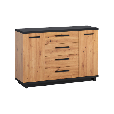 Commode INES chêne artisanal/ noir mat 2 portes 4 tiroirs 135x90x40 cm