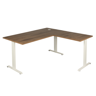 Bureau droit avec retour KYRA 160x80+80x60 cm structure blanc/ plateau bois UD - passe câble inclus