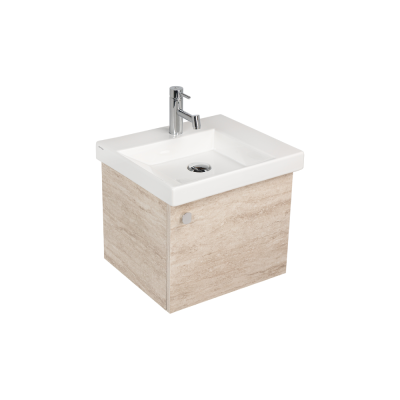 Pack Lavabo VISTA blanc 50x43 cm avec meuble travertin 1 porte poignée chromée