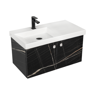 Pack Lavabo VISTA blanc 80x43 cm avec meuble marbré noir 2 portes  poignées chromées
