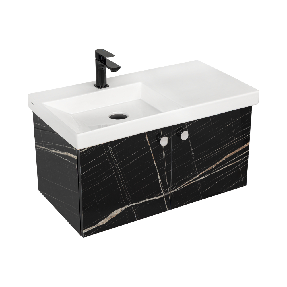 Meuble-lavabo simple noir mat avec comptoir en polymarbre blanc Rylee