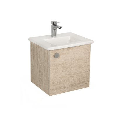 Pack lavabo PALM blanc 50x40 cm avec meuble travertin 1 porte dos droit