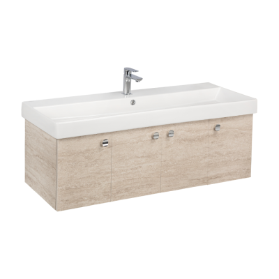 Pack Lavabo NOVELDA PLUS blanc 120x45 cm avec meuble travertin 4 portes et poignées bouton