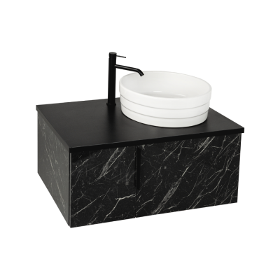 Pack vasque à poser RING blanc avec meuble marbré noir 2 portes avec poignées 88 cm