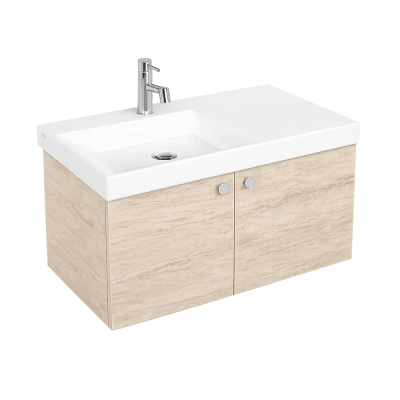 Pack Lavabo VISTA blanc 80x43 cm avec meuble travertin 2 portes poignées chromées