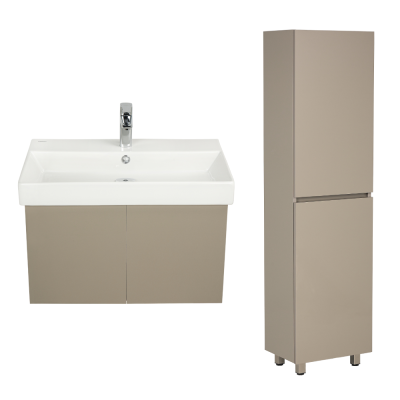Pack Lavabo NOVELDA PLUS blanc 70X45 cm avec meuble gris brillant 2 portes push et armoire STORA 170x45x30 cm