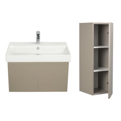 Pack Lavabo NOVELDA PLUS blanc 70X45 cm avec meuble gris brillant 2 portes push et armoire STYLE 90x30x35 cm