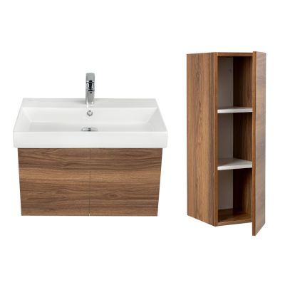 Pack Lavabo NOVELDA PLUS blanc 70X45 cm avec meuble bois brillant 2 portes push et armoire STYLE 90x30x35 cm