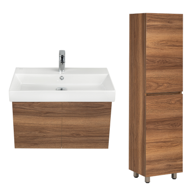 Pack Lavabo NOVELDA PLUS blanc 70X45 cm avec meuble bois brillant 2 portes push et armoire STORA 170x45x30 cm