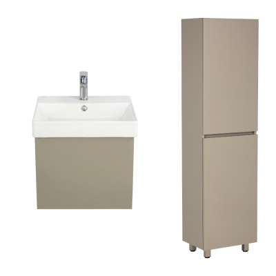 Pack Lavabo NOVELDA PLUS blanc 50X45 cm avec meuble gris brillant 1 porte push et armoire STORA 170x45x30 cm
