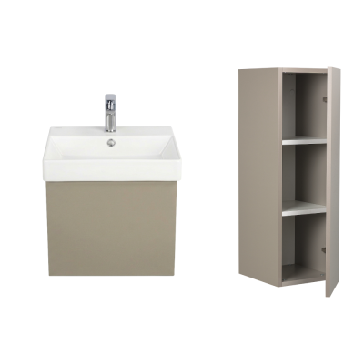 Pack Lavabo NOVELDA PLUS blanc 50X45 cm avec meuble gris brillant 1 porte push et armoire STYLE 90x30x35 cm