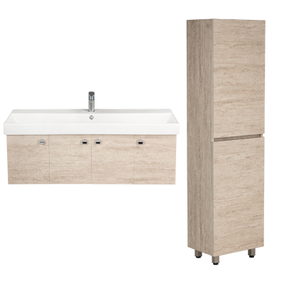 Pack Lavabo NOVELDA PLUS blanc 120x45 cm avec meuble travertin 4 portes et poignées bouton et armoire STORA 170x45x32 cm