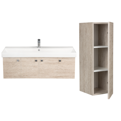 Pack Lavabo NOVELDA PLUS blanc 120x45 cm avec meuble travertin 4 portes et poignées bouton et armoire STYLE 90x30x35 cm