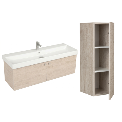 Pack Lavabo NOVELDA PLUS blanc 100x45 cm avec meuble travertin et armoire STYLE 90x30x35 cm