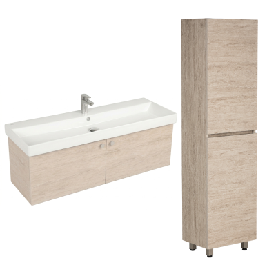 Pack Lavabo NOVELDA PLUS blanc 100x45 cm avec meuble travertin et armoire STORA 170x45x32 cm