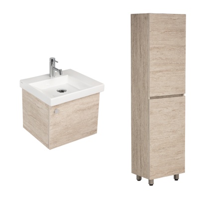 Pack Lavabo VISTA blanc 50x43 cm avec meuble travertin 1 porte poignée chromée et armoire STORA 170x45x32 cm