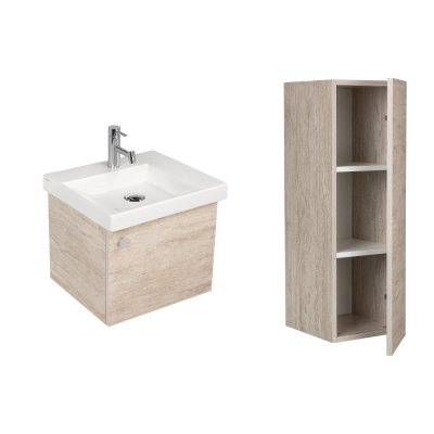 Pack Lavabo VISTA blanc 50x43 cm avec meuble travertin 1 porte poignée chromée et armoire STYLE 90x30x35 cm