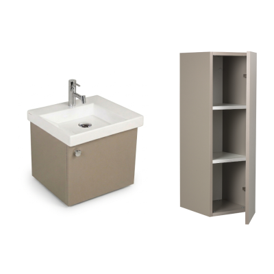 Pack Lavabo VISTA blanc 50x43 gris brillant 1 porte poignée chromée armoire STYLE 90x30x35 cm