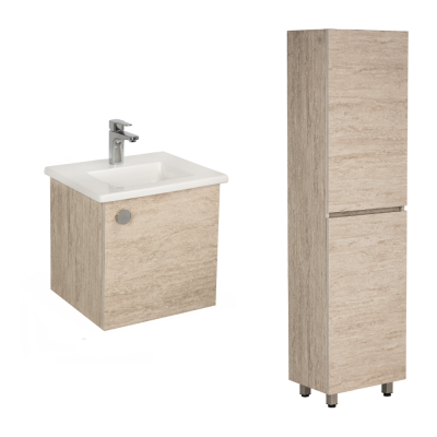 Pack lavabo PALM blanc 50x40 cm avec meuble travertin 1 porte dos droit et armoire STORA 170x45x32 cm