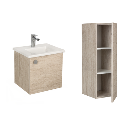 Pack lavabo PALM blanc 50x40 cm avec meuble travertin 1 porte dos droit et armoire STYLE 90x30x35 cm