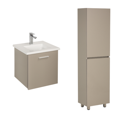 Pack Lavabo PALM blanc 50x40 cm avec meuble Gris brillant 1 porte sans poignée et armoire stora 170x45x30 cm