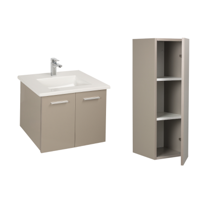 Pack Lavabo PALM blanc 65x45 cm avec meuble Gris brillant 2 portes sans poignée armoire STYLE 90x30x35 cm