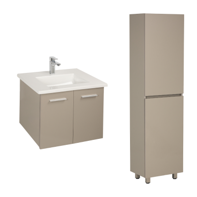 Pack Lavabo PALM blanc 65x45 cm avec meuble Gris brillant 2 portes sans poignée et armoire STORA 170x45x30 cm