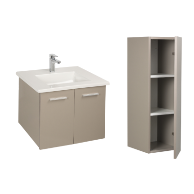 Pack Lavabo PALM blanc 80x50 cm avec meuble Gris brillant 2 portes sans poignée armoire STYLE 90x30x35 cm