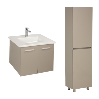 Pack Lavabo PALM blanc 80x50 cm avec meuble Gris brillant 2 portes sans poignée et armoire stora 170x45x30 cm