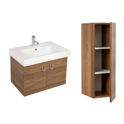 Pack lavabo LINHA 60x45 avec meuble bois brillant dos droit 2 portes et armoire STYLE 90x30x35 cm