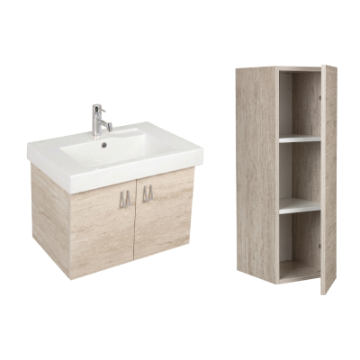 Pack lavabo LINHA 70x45 avec meuble travertin dos droit 2 portes et armoire STYLE 90x30x35 cm