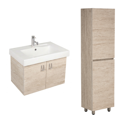 Pack lavabo LINHA 70x45 avec meuble travertin dos droit 2 portes et armoire STORA 170x45x32 cm