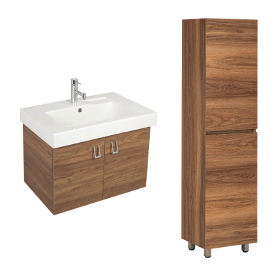 Pack lavabo LINHA 80x45 avec meuble bois brillant dos droit 2 portes et armoire STORA 170x45x30 cm