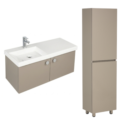 Pack Lavabo VISTA blanc 100x43 cm avec meuble gris brillant 2 portes poignées chromées et armoire STORA 170x45x30 cm